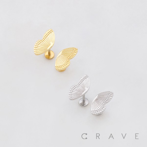 TEXTURED 3D BUTTERLFY WING TOP PUSHIN (THREADLESS) 316L SURGICAL STEEL LABRET SET